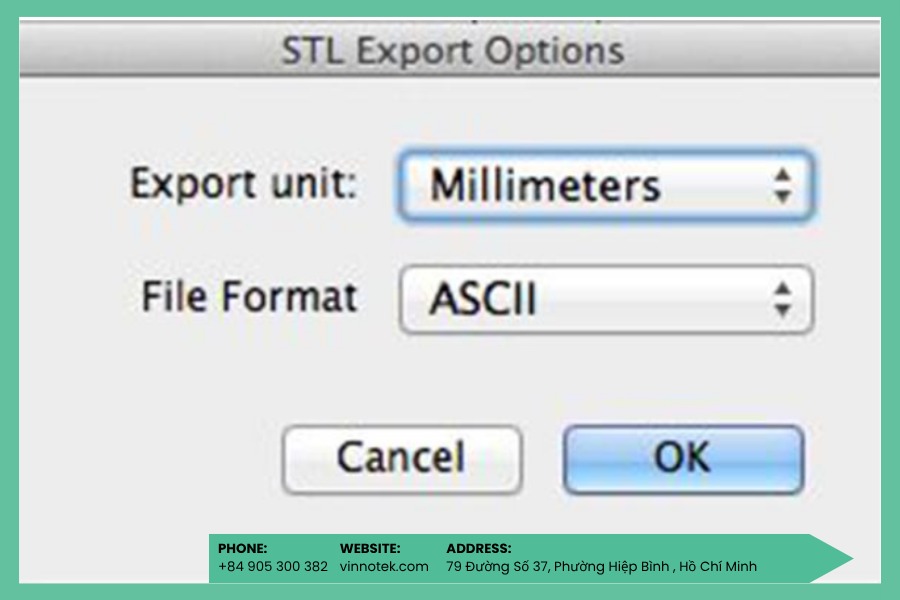 Chọn đơn vị mm, chọn nơi lưu và nhấn Export để xuất file STL dùng cho in 3D