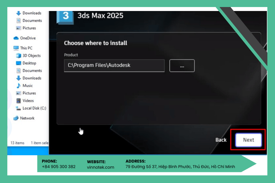 Chọn đường dẫn cài đặt cho phần mềm 3ds Max 2025 và nhấn Next. Chọn đường dẫn cài đặt cho phần mềm 3ds Max 2025 và nhấn Next.