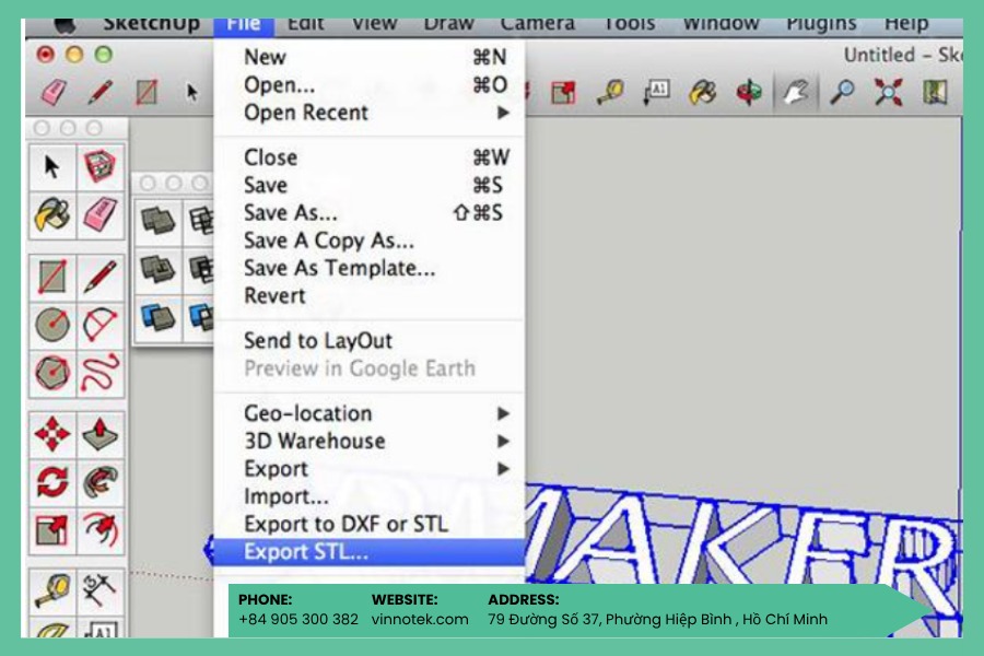 SketchUp cho phép xuất file STL qua File → Export STL để dùng cho in 3D.
