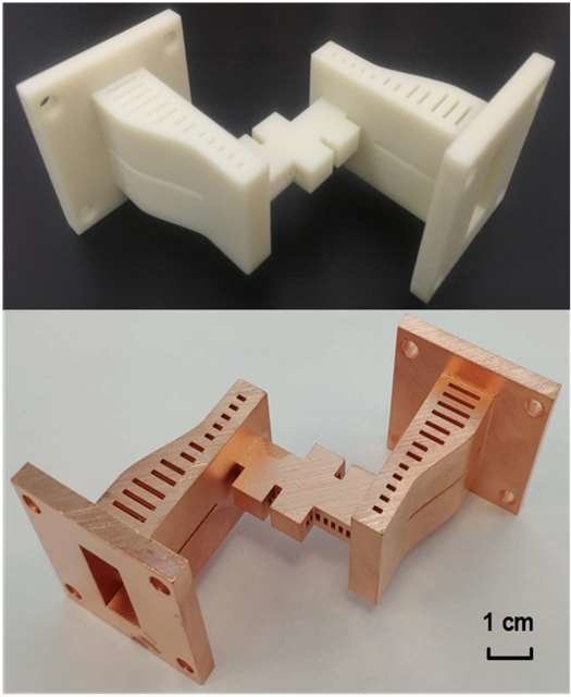 Connector RF in 3D nguyên khối, kênh dẫn sóng phức tạp, tối ưu truyền tín hiệu.